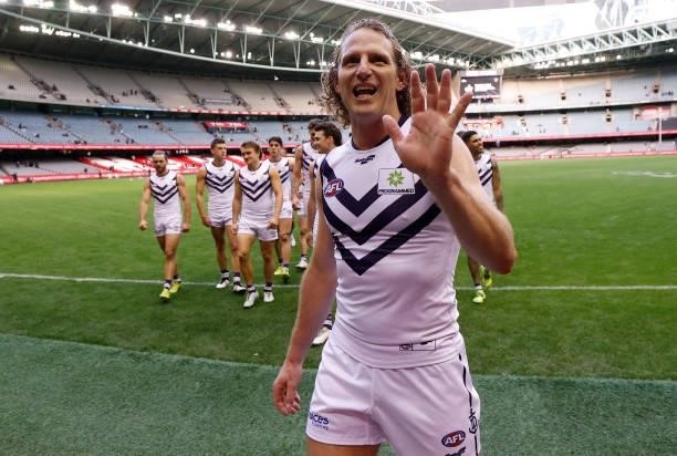 David Mundy of the Dockers celebrates during the 2021 AFL Round 15 match between the Collingwood Magpies and the Fremantle Dockers at Marvel Stadium...