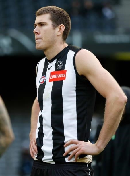 Mason Cox of the Magpies looks dejected after a loss during the 2021 AFL Round 15 match between the Collingwood Magpies and the Fremantle Dockers at...