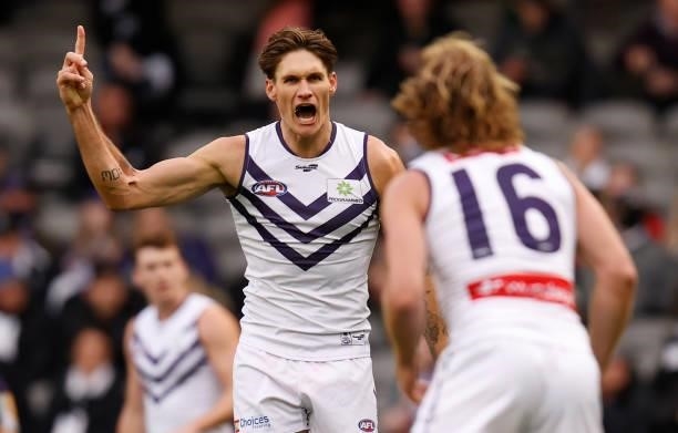 Rory Lobb of the Dockers celebrates a goal during the 2021 AFL Round 15 match between the Collingwood Magpies and the Fremantle Dockers at Marvel...