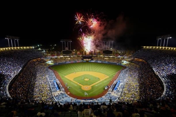 General view of fireworks at Dodgers Stadium after the game between the Chicago Cubs and the Los Angeles Dodgers at Dodgers Stadium on Friday, June...
