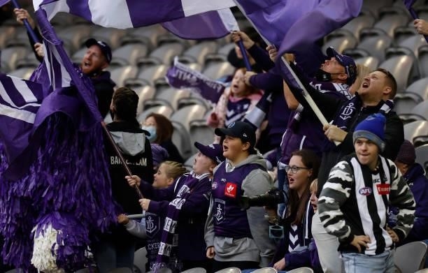 Dockers fans cheer during the 2021 AFL Round 15 match between the Collingwood Magpies and the Fremantle Dockers at Marvel Stadium on June 26, 2021 in...