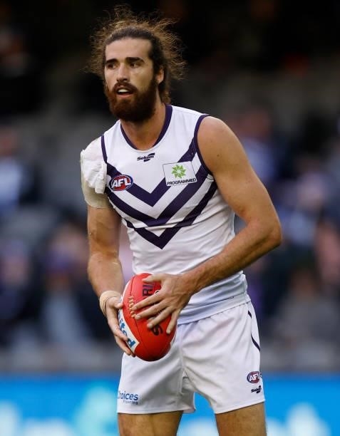 Alex Pearce of the Dockers in action during the 2021 AFL Round 15 match between the Collingwood Magpies and the Fremantle Dockers at Marvel Stadium...