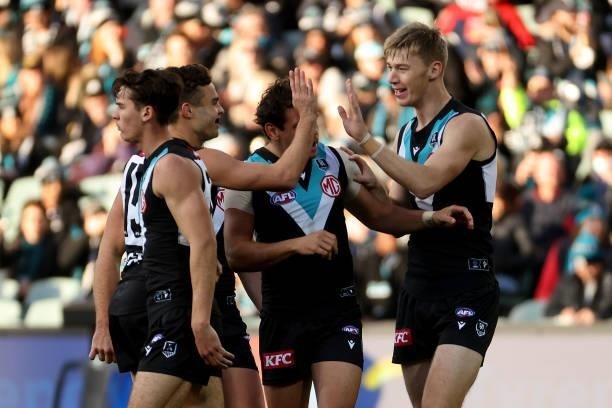 Todd Marshall of the Power celebrates a goal during the 2021 AFL Round 15 match between the Port Adelaide Power and the Sydney Swans at Adelaide Oval...