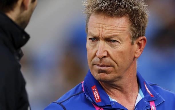 David Noble, Senior Coach of the Kangaroos looks on during the 2021 AFL Round 15 match between the North Melbourne Kangaroos and the Gold Coast Suns...