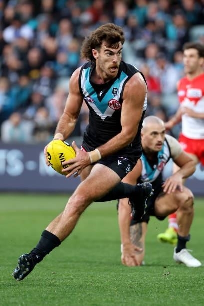 Scott Lycett of the Power in action during the 2021 AFL Round 15 match between the Port Adelaide Power and the Sydney Swans at Adelaide Oval on June...