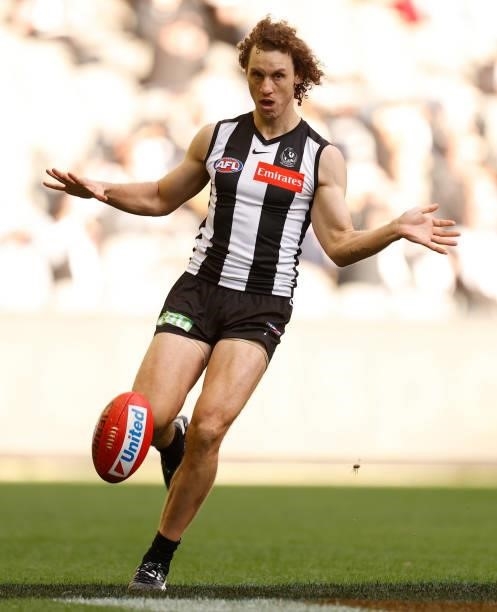 Chris Mayne of the Magpies in action during the 2021 AFL Round 15 match between the Collingwood Magpies and the Fremantle Dockers at Marvel Stadium...