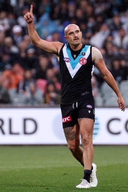 Sam Powell-Pepper of the Power celebrates a goal during the 2021 AFL Round 15 match between the Port Adelaide Power and the Sydney Swans at Adelaide...