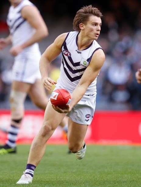 Caleb Serong of the Dockers in action during the 2021 AFL Round 15 match between the Collingwood Magpies and the Fremantle Dockers at Marvel Stadium...