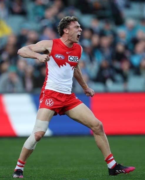 Will Hayward of the Swans celebrates a goal during the 2021 AFL Round 15 match between the Port Adelaide Power and the Sydney Swans at Adelaide Oval...