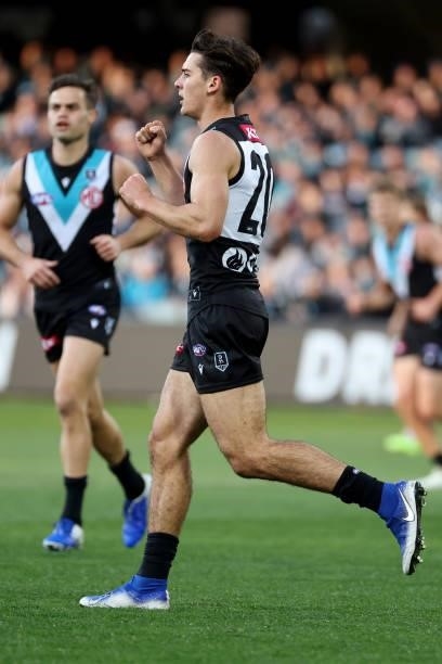 Connor Rozee of the Power celebrates a goal during the 2021 AFL Round 15 match between the Port Adelaide Power and the Sydney Swans at Adelaide Oval...