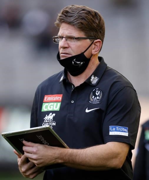 Robert Harvey, Interim Coach of the Magpies is seen during the 2021 AFL Round 15 match between the Collingwood Magpies and the Fremantle Dockers at...