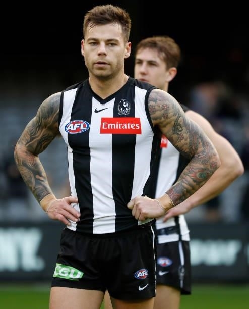 Jamie Elliott of the Magpies looks dejected after a loss during the 2021 AFL Round 15 match between the Collingwood Magpies and the Fremantle Dockers...