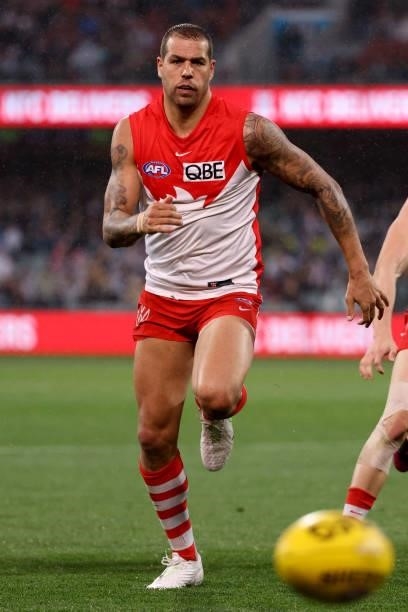 Lance Franklin of the Swans chases the ball during the 2021 AFL Round 15 match between the Port Adelaide Power and the Sydney Swans at Adelaide Oval...