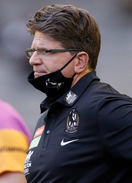Robert Harvey, Interim Coach of the Magpies is seen during the 2021 AFL Round 15 match between the Collingwood Magpies and the Fremantle Dockers at...