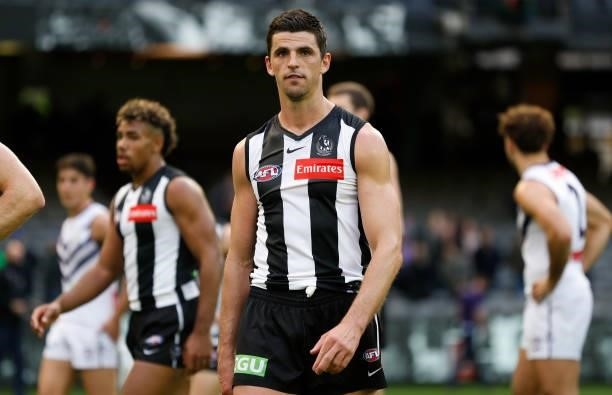 Scott Pendlebury of the Magpies looks dejected after a loss during the 2021 AFL Round 15 match between the Collingwood Magpies and the Fremantle...