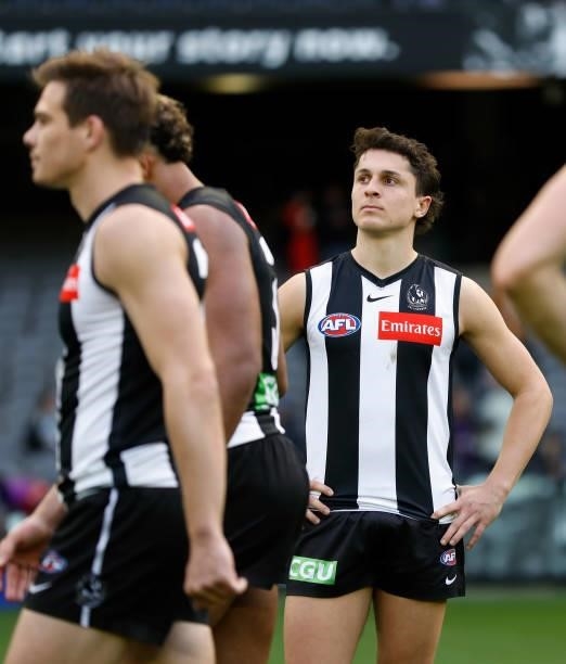 Trent Bianco of the Magpies looks dejected after a loss during the 2021 AFL Round 15 match between the Collingwood Magpies and the Fremantle Dockers...