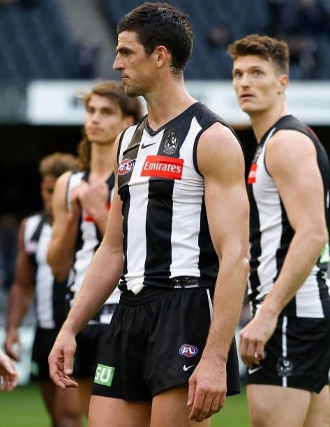 Scott Pendlebury of the Magpies looks dejected after a loss during the 2021 AFL Round 15 match between the Collingwood Magpies and the Fremantle...