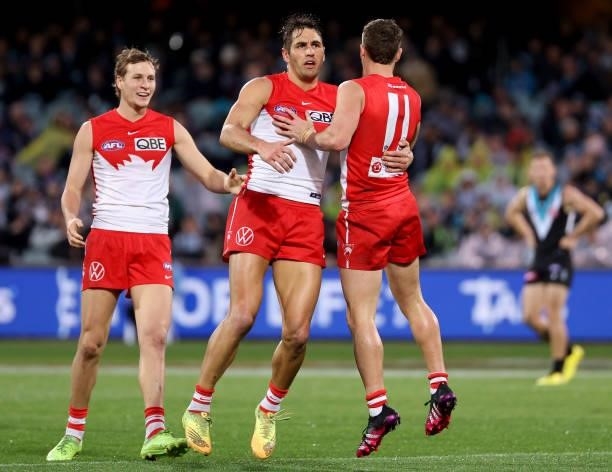 Tom Papley and Josh P. Kennedy of the Swans celebrate a goal during the 2021 AFL Round 15 match between the Port Adelaide Power and the Sydney Swans...