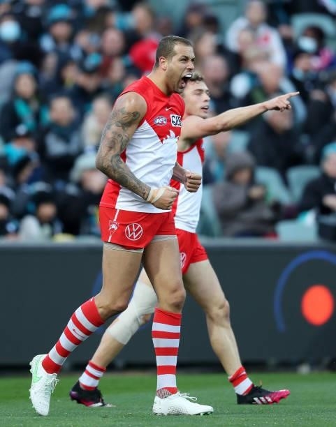 Lance Franklin of the Swans celebrates a goal during the 2021 AFL Round 15 match between the Port Adelaide Power and the Sydney Swans at Adelaide...