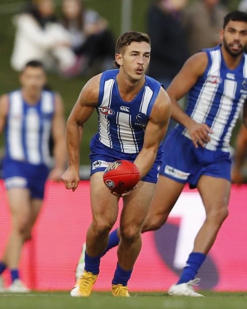 Will Phillips of the Kangaroos in action during the 2021 AFL Round 15 match between the North Melbourne Kangaroos and the Gold Coast Suns at...