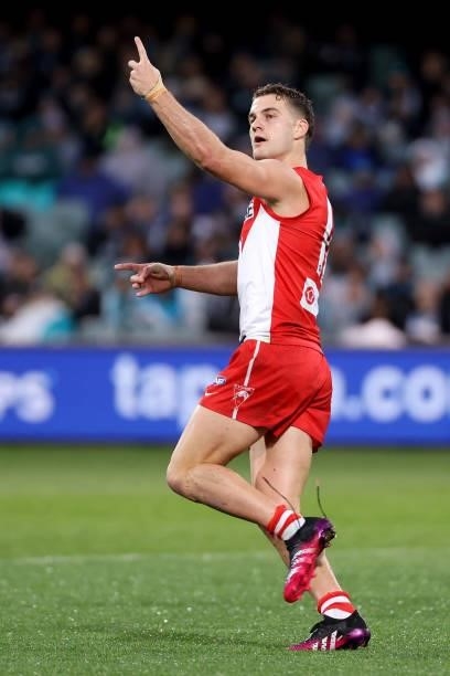 Tom Papley of the Swans celebrates a goal during the 2021 AFL Round 15 match between the Port Adelaide Power and the Sydney Swans at Adelaide Oval on...