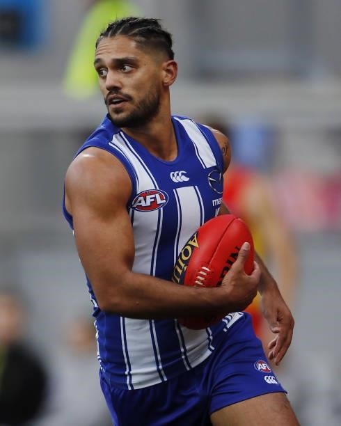 Aaron Hall of the Kangaroos looks on during the 2021 AFL Round 15 match between the North Melbourne Kangaroos and the Gold Coast Suns at Blundstone...