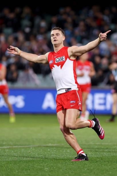 Tom Papley of the Swans celebrates a goal during the 2021 AFL Round 15 match between the Port Adelaide Power and the Sydney Swans at Adelaide Oval on...