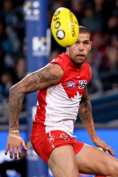 Lance Franklin of the Swans has eyes for the ball during the 2021 AFL Round 15 match between the Port Adelaide Power and the Sydney Swans at Adelaide...