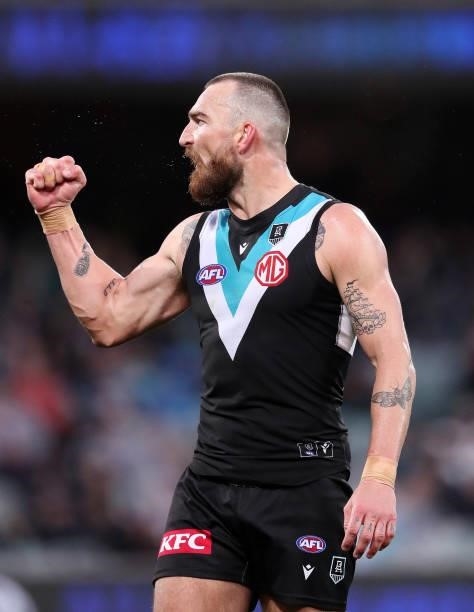 Charlie Dixon of the Power celebrates a goal during the 2021 AFL Round 15 match between the Port Adelaide Power and the Sydney Swans at Adelaide Oval...