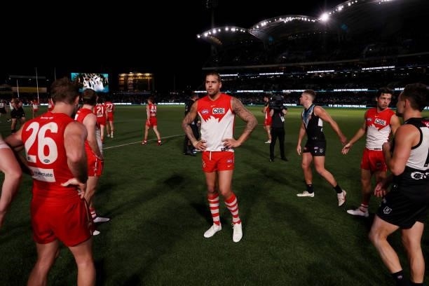 Lance Franklin of the Swans reacts after their loss during the 2021 AFL Round 15 match between the Port Adelaide Power and the Sydney Swans at...