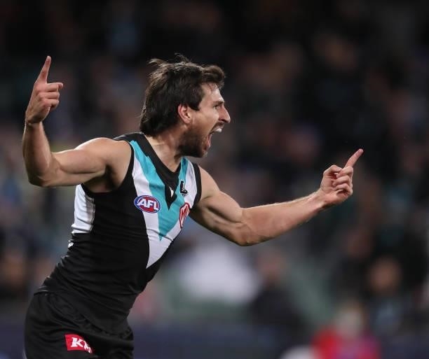 Sam Mayes of the Power celebrates a goal during the 2021 AFL Round 15 match between the Port Adelaide Power and the Sydney Swans at Adelaide Oval on...