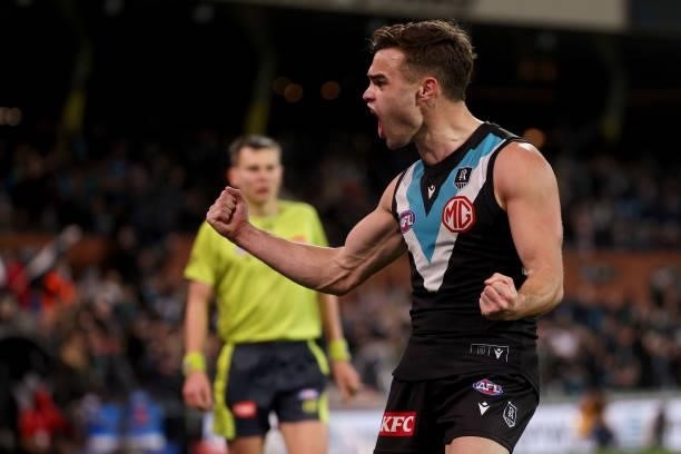 Karl Amon of the Power celebrates their win during the 2021 AFL Round 15 match between the Port Adelaide Power and the Sydney Swans at Adelaide Oval...
