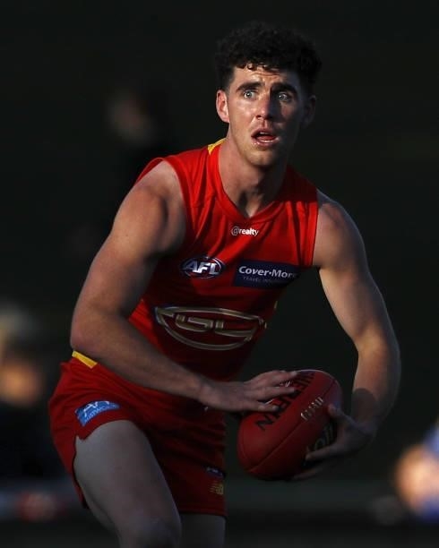 Sam Flanders of the Suns looks on during the 2021 AFL Round 15 match between the North Melbourne Kangaroos and the Gold Coast Suns at Blundstone...