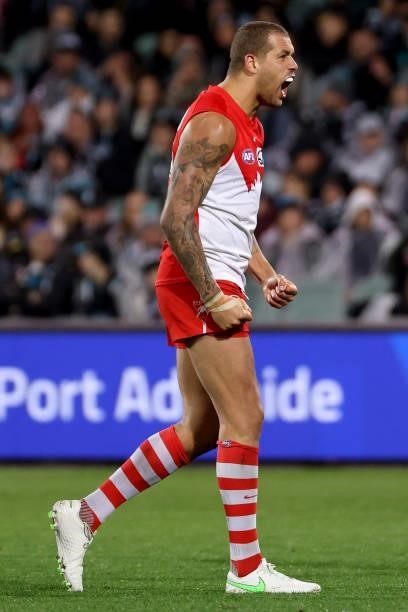 Lance Franklin of the Swans celebrates his 971st goal during the 2021 AFL Round 15 match between the Port Adelaide Power and the Sydney Swans at...