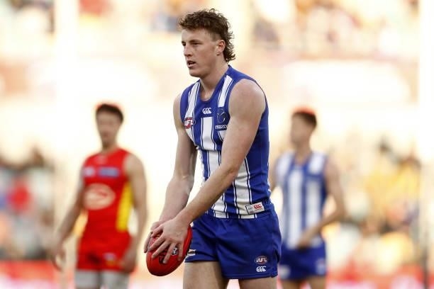 Nick Larkey of the Kangaroos prepares to kick a goal during the 2021 AFL Round 15 match between the North Melbourne Kangaroos and the Gold Coast Suns...