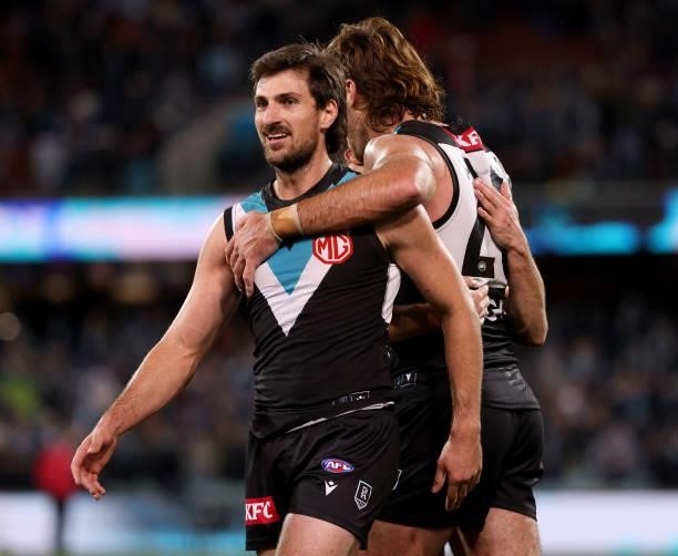 Sam Mayes of the Power celebrates their win during the 2021 AFL Round 15 match between the Port Adelaide Power and the Sydney Swans at Adelaide Oval...