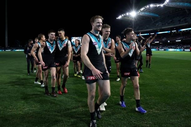 The Power celebrate their win during the 2021 AFL Round 15 match between the Port Adelaide Power and the Sydney Swans at Adelaide Oval on June 26,...