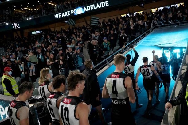 The Power celebrate their win during the 2021 AFL Round 15 match between the Port Adelaide Power and the Sydney Swans at Adelaide Oval on June 26,...