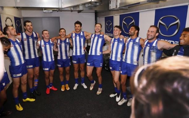 North Melbourne sing the team song during the 2021 AFL Round 15 match between the North Melbourne Kangaroos and the Gold Coast Suns at Blundstone...
