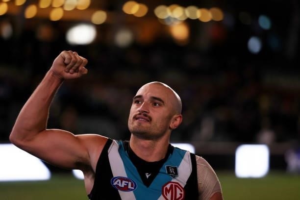 Sam Powell-Pepper of the Power celebrates their win during the 2021 AFL Round 15 match between the Port Adelaide Power and the Sydney Swans at...