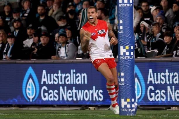 Lance Franklin of the Swans celebrates a goal during the 2021 AFL Round 15 match between the Port Adelaide Power and the Sydney Swans at Adelaide...