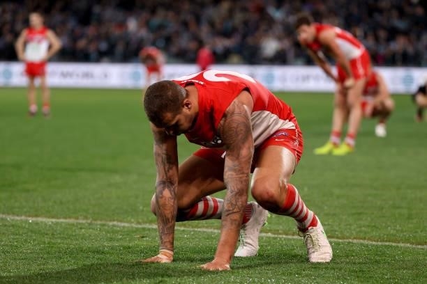 Lance Franklin of the Swans reacts after their loss during the 2021 AFL Round 15 match between the Port Adelaide Power and the Sydney Swans at...