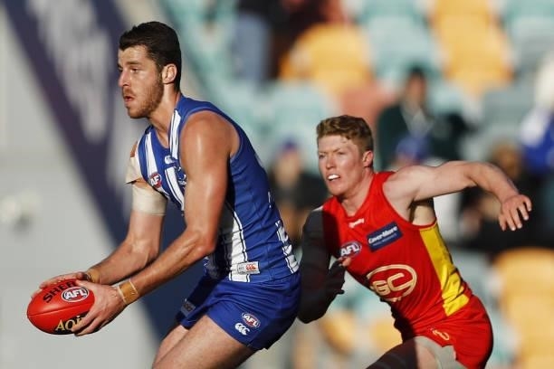 Tristan Xerri of the Kangaroos in action during the 2021 AFL Round 15 match between the North Melbourne Kangaroos and the Gold Coast Suns at...