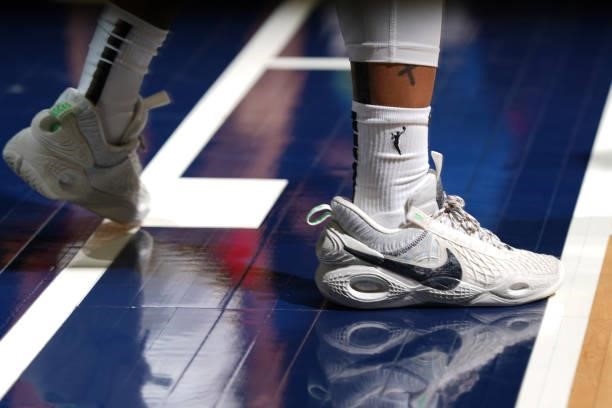 The sneakers worn by Riquna Williams of the Las Vegas Aces during the game against the Minnesota Lynx on June 25, 2021 at Target Center in...