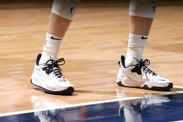 The sneakers worn by JiSu Park of the Las Vegas Aces during the game against the Minnesota Lynx on June 25, 2021 at Target Center in Minneapolis,...