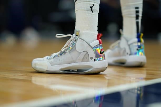 The sneakers worn by Jessica Shepard of the Minnesota Lynx during the game against the Las Vegas Aces on June 25, 2021 at Target Center in...