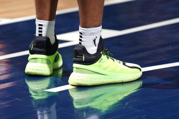 The sneakers worn by Layshia Clarendon of the Minnesota Lynx during the game against the Las Vegas Aces on June 25, 2021 at Target Center in...