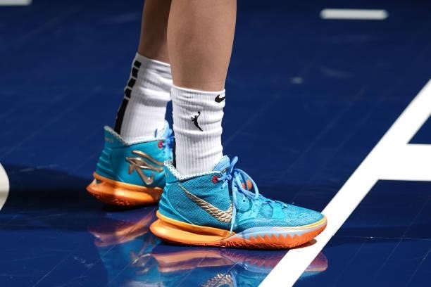 The sneakers worn by Kelsey Plum of the Las Vegas Aces during the game against the Minnesota Lynx on June 25, 2021 at Target Center in Minneapolis,...