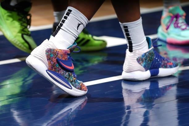 The sneakers worn by Napheesa Collier of the Minnesota Lynx during the game against the Las Vegas Aces on June 25, 2021 at Target Center in...