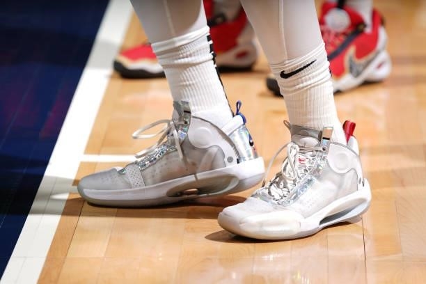 The sneakers worn by Jessica Shepard of the Minnesota Lynx during the game against the Las Vegas Aces on June 25, 2021 at Target Center in...